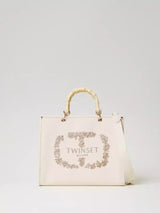 Borsa shopper Bloom in canvas con ricamo Oval T Beige "Parchment"