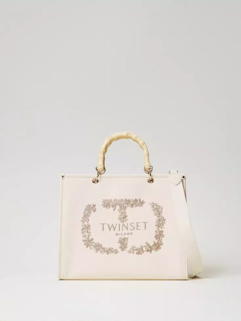 Borsa shopper Bloom in canvas con ricamo Oval T Beige "Parchment"