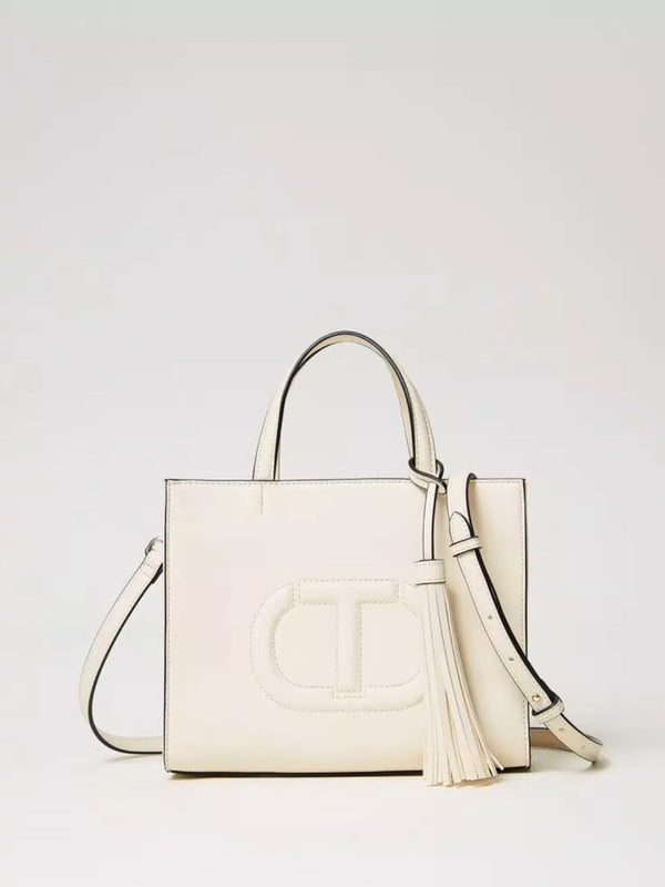 Borsa a tracolla con Oval T e nappa Beige Parchment