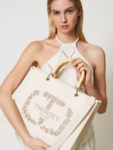 Borsa shopper Bloom in canvas con ricamo Oval T Beige "Parchment"