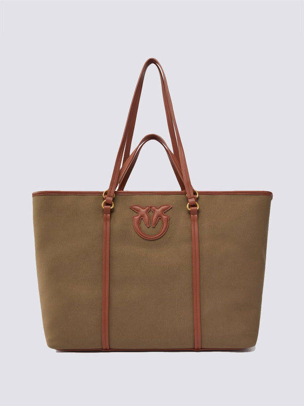 Pinko Maxi borsa shopper in canvas riciclato con doppi manici Militare Cuoio