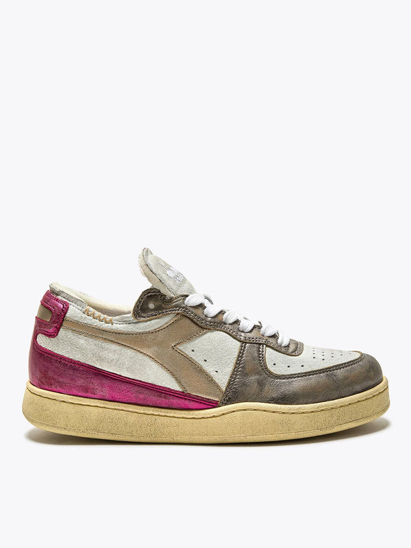 Sneaker Bassa Mi Basket Row Cut Metal Pigskin Used White Fucsia Red