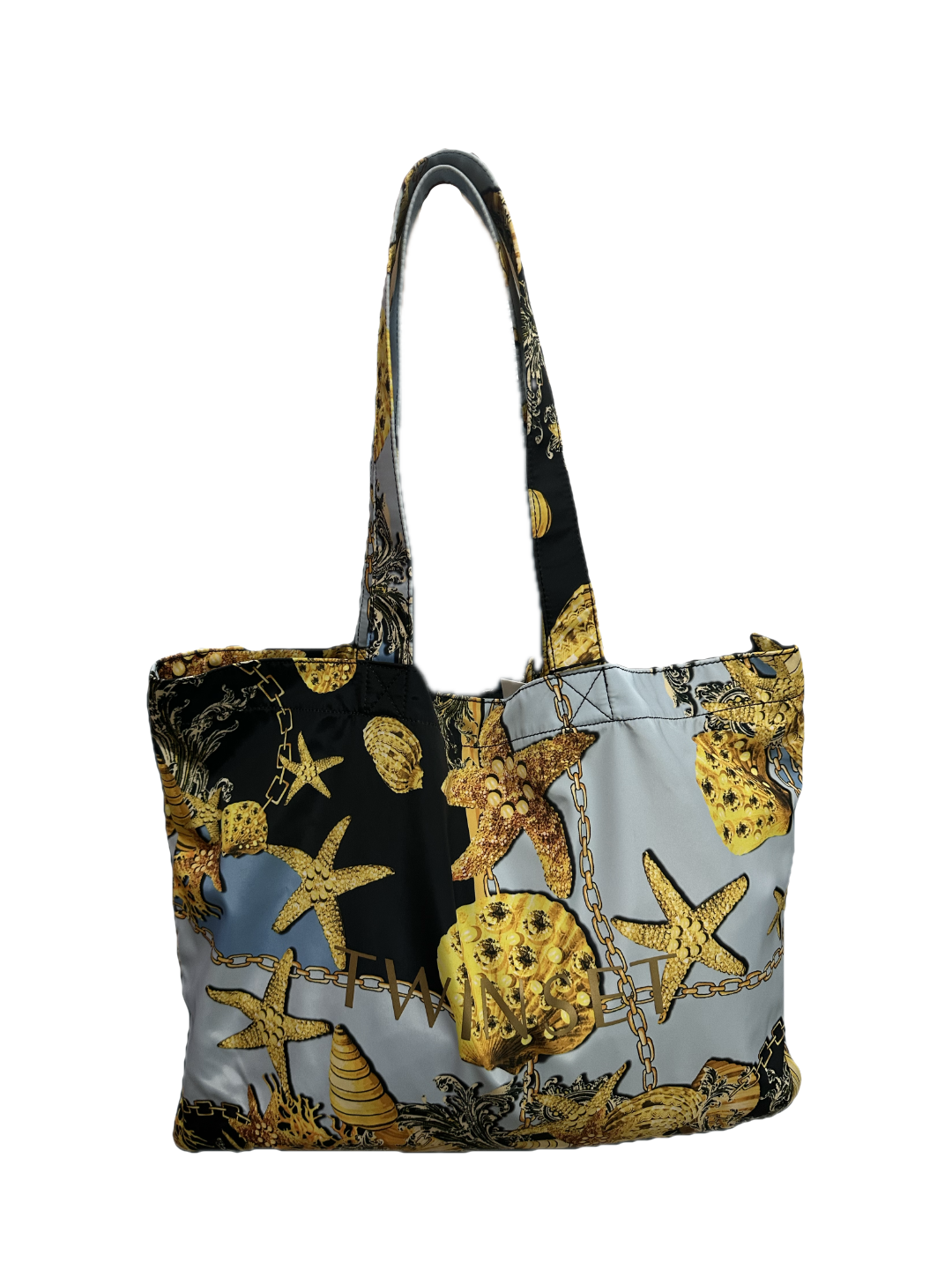 Twinset Borsa Shopper a Mano Stampa Conchiglie Multicolor Azzurro Nero Oro
