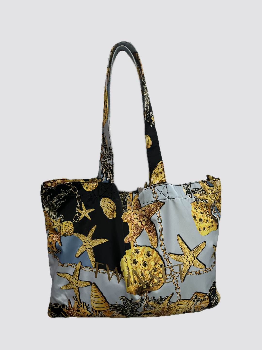 Twinset Borsa Shopper a Mano Stampa Conchiglie Multicolor Azzurro Nero Oro