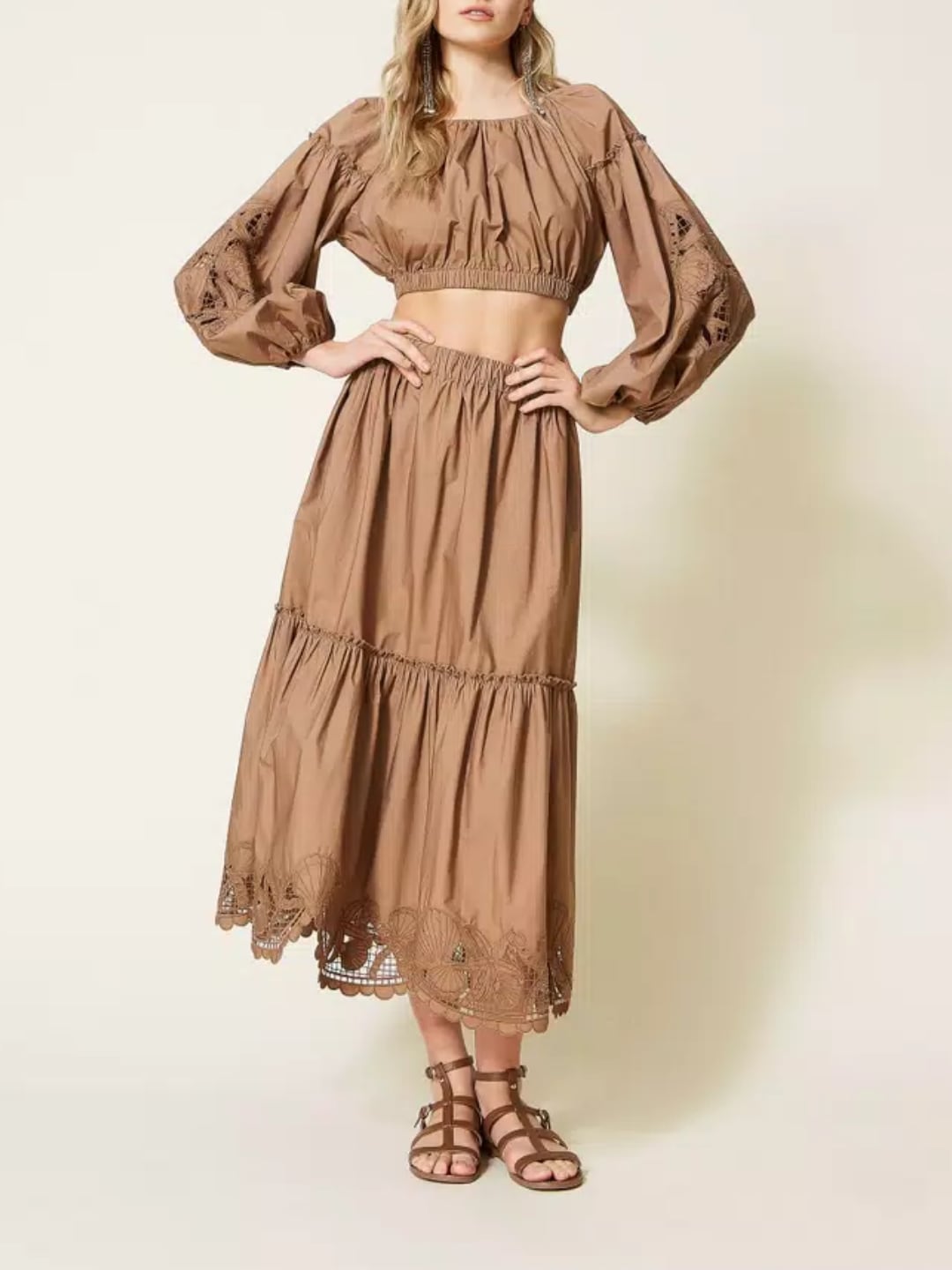 Twinset Gonna longuette a balze con ricamo Marrone Hazel Brown