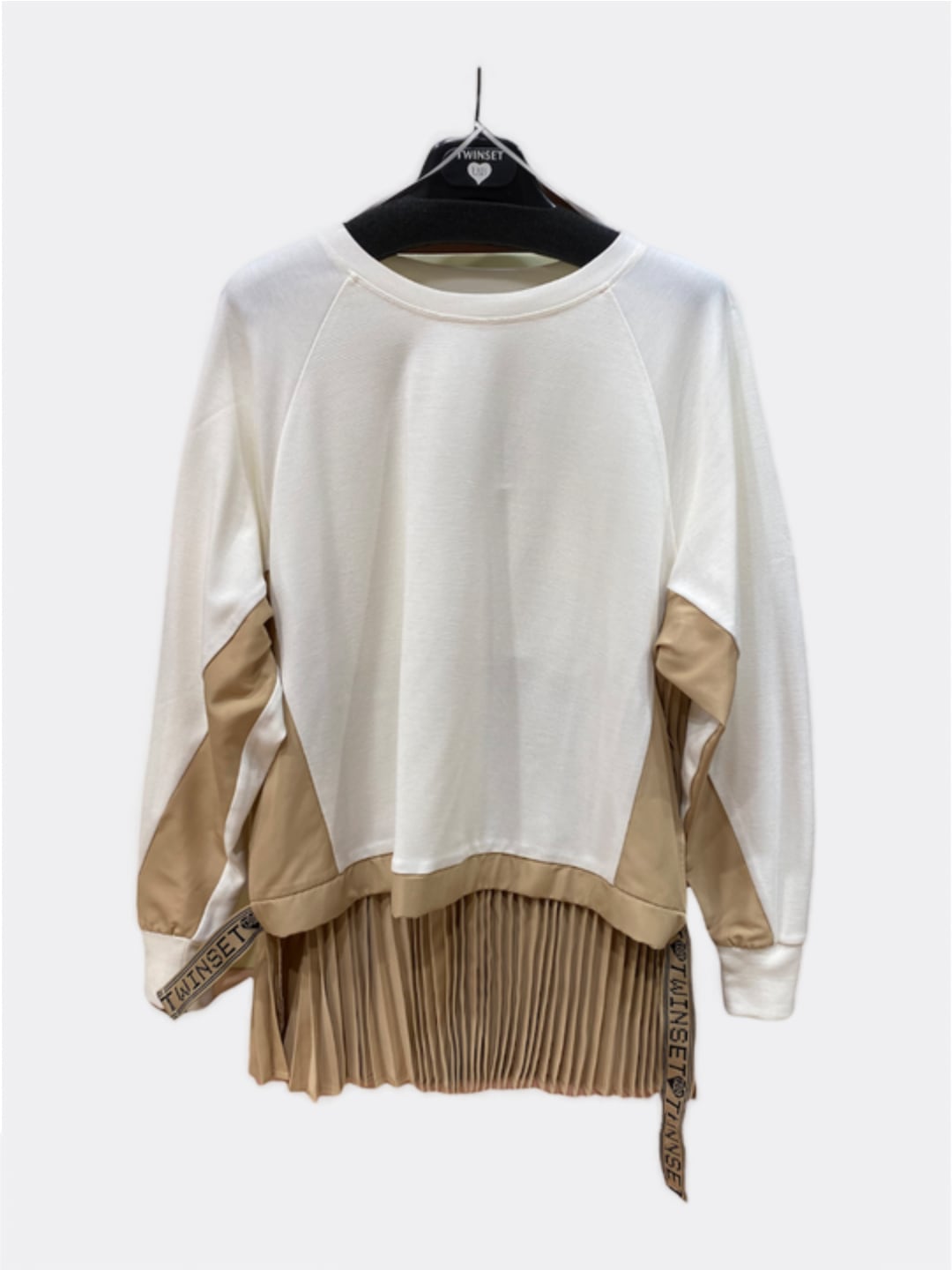 Twinset Felpa con Bande e Pieghe Bicolor Bianco e Marrone