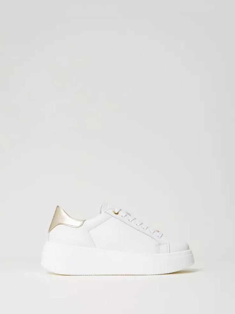 Sneakers platform in pelle Bic. Bianco Ottico/Oro