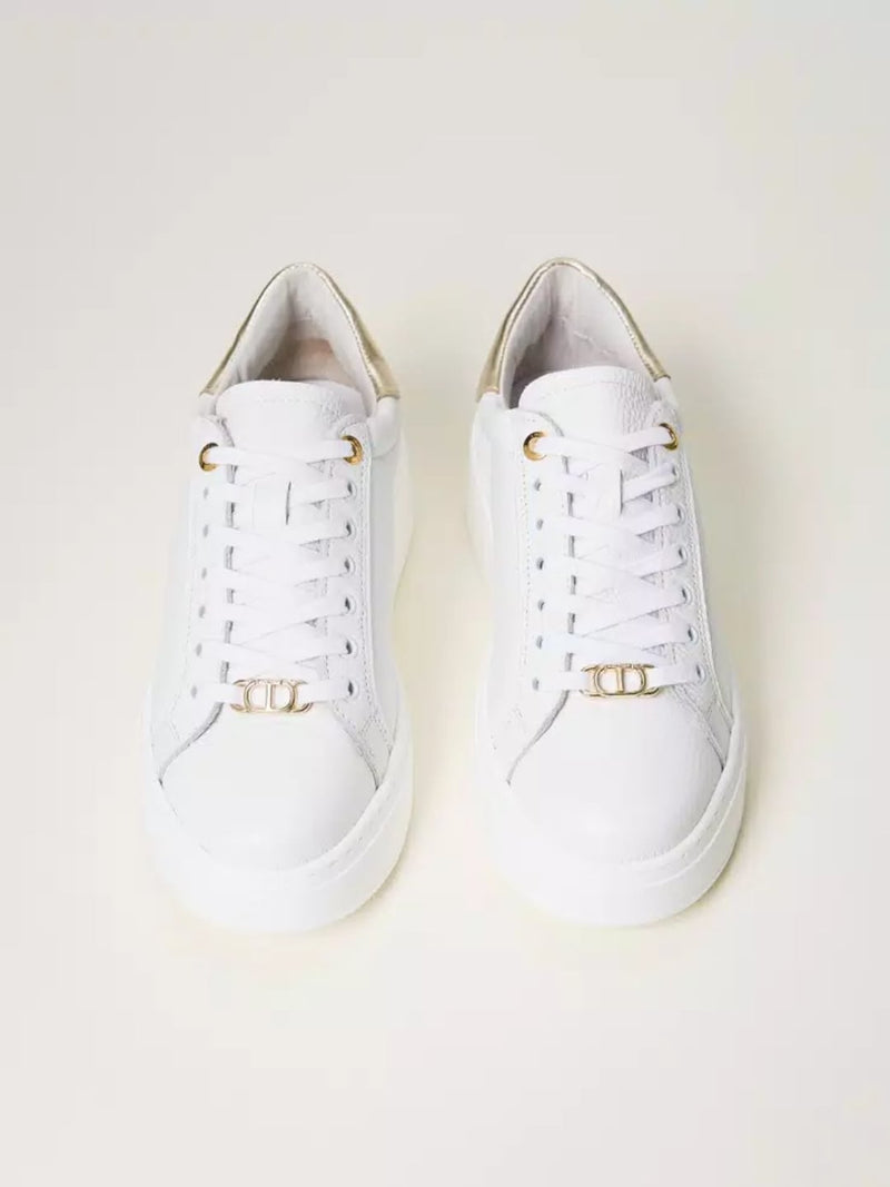 Sneakers platform in pelle Bic. Bianco Ottico/Oro