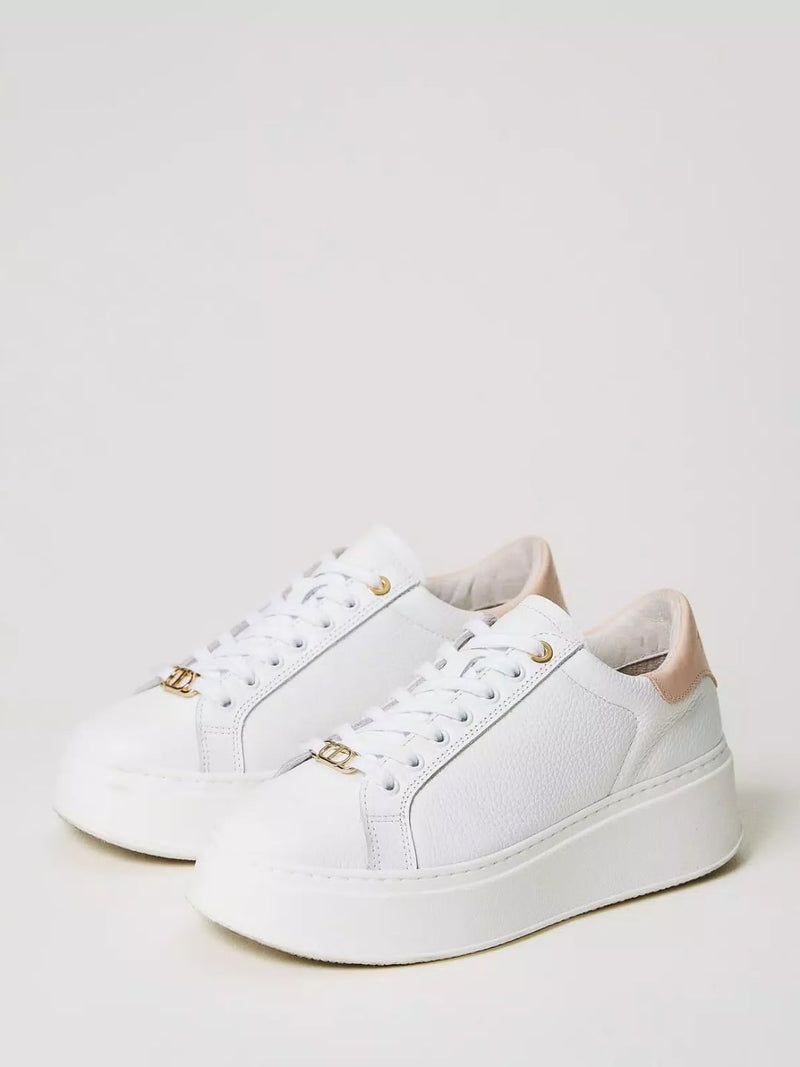 Sneakers platform in pelle Bic. Bianco Ottico/Pink