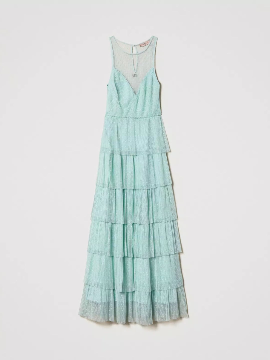 Twinset Abito lungo in tulle plumetis a balze Verde Agave