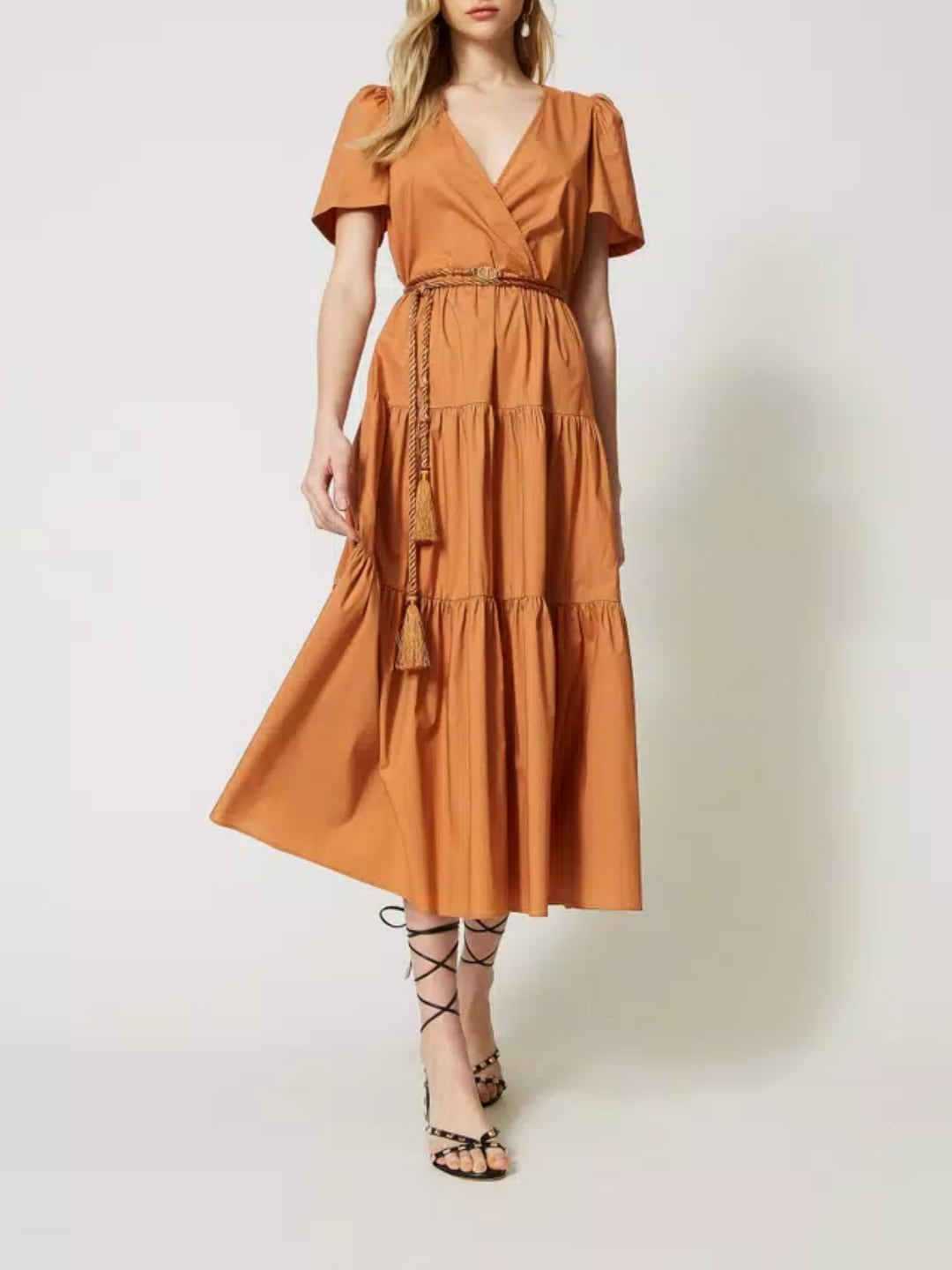 Twinset Abito lungo in popeline a balze arricciate Hazelnut