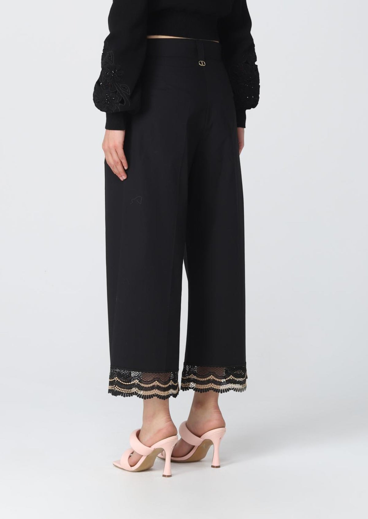 Twinset Pantaloni cropped in popeline con pizzo bicolore Nero
