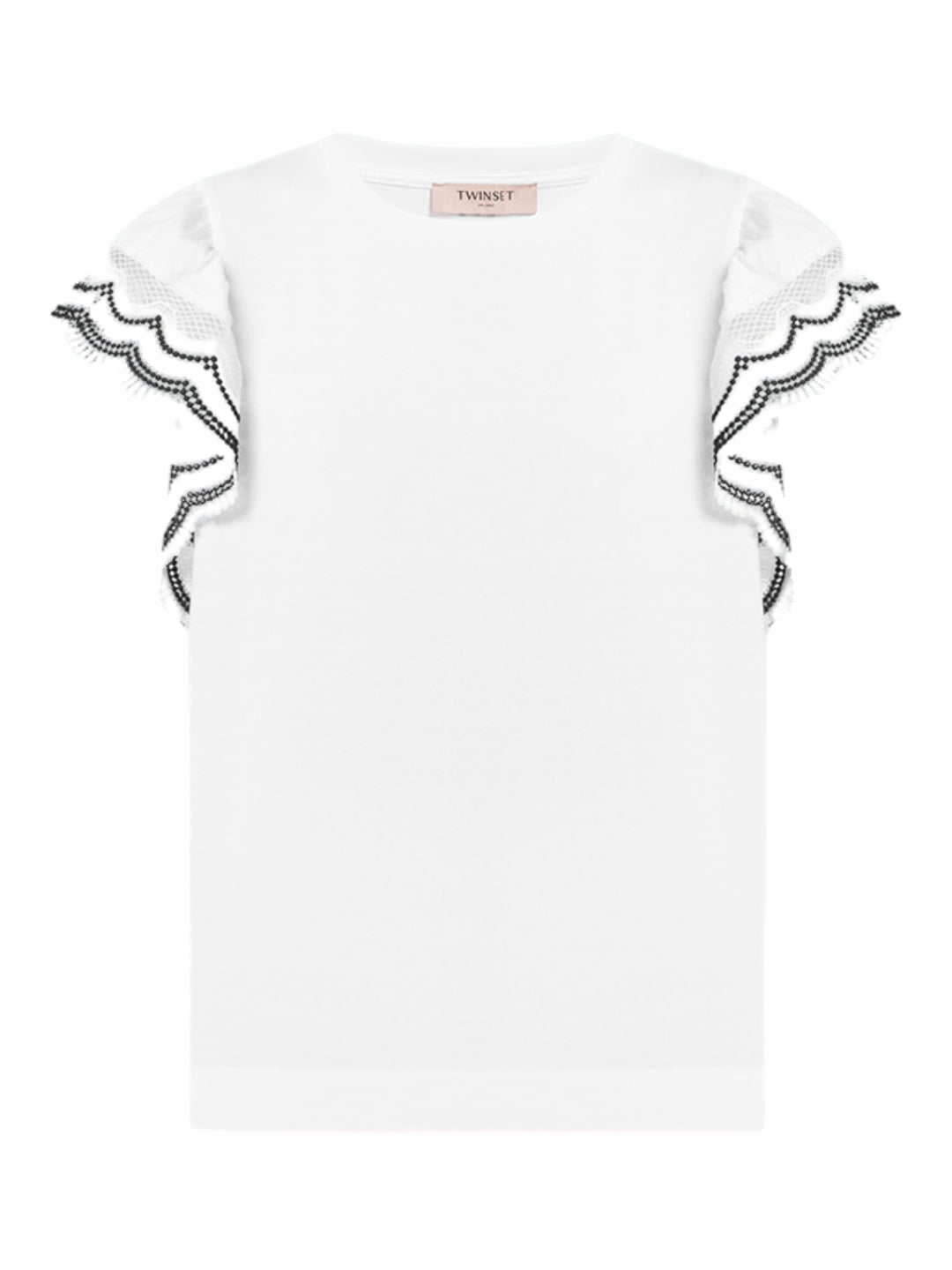Twinset T-shirt con bordi in pizzo macramè bicolore Bianca