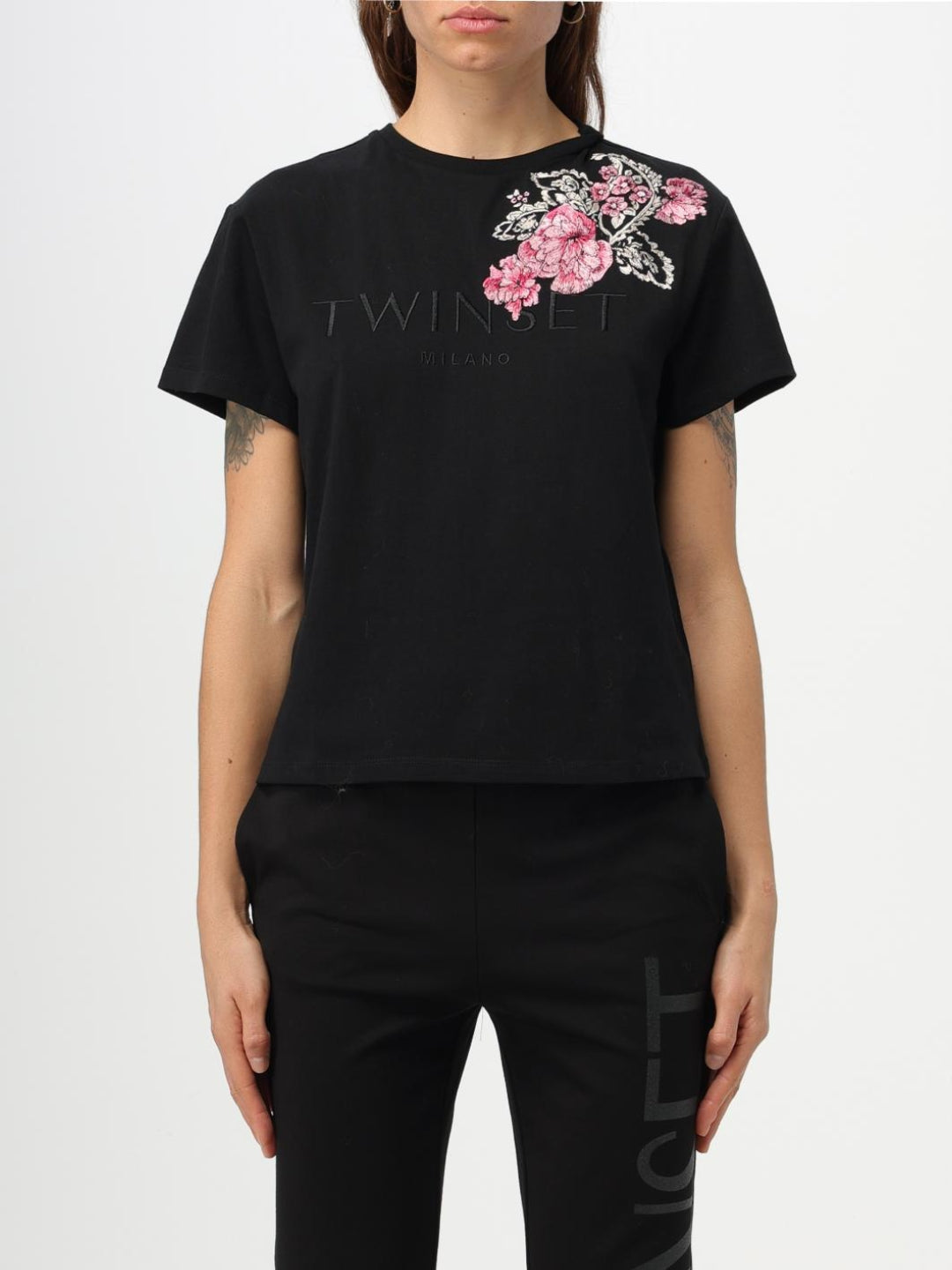 Twinset T-shirt Twinset in cotone Ricamo Fiori Nero