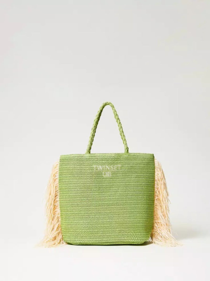 Borsa Shopping Effetto Rafia con Frange Verde Fresh Lime