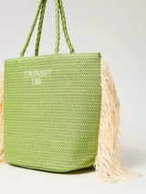 Borsa Shopping Effetto Rafia con Frange Verde Fresh Lime