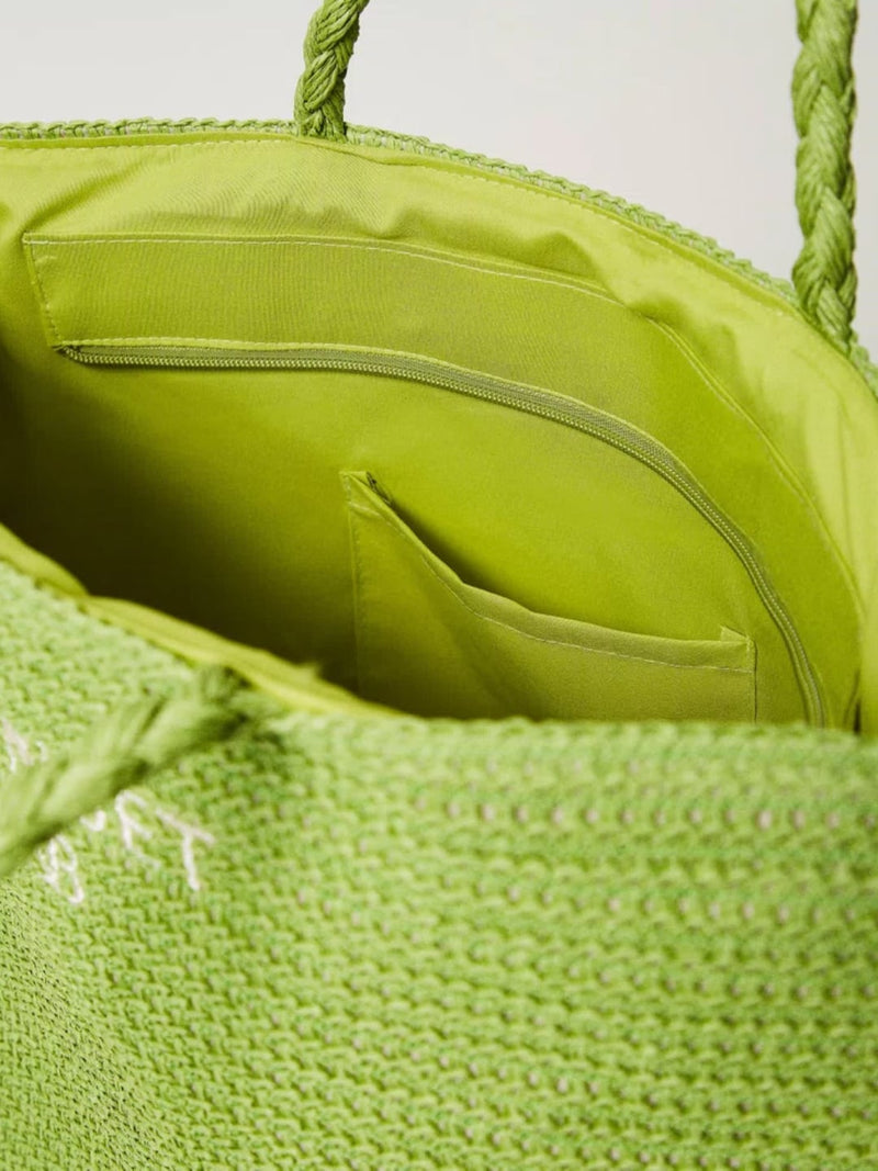 Borsa Shopping Effetto Rafia con Frange Verde Fresh Lime