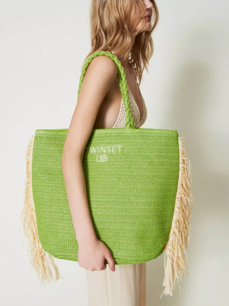 Borsa Shopping Effetto Rafia con Frange Verde Fresh Lime