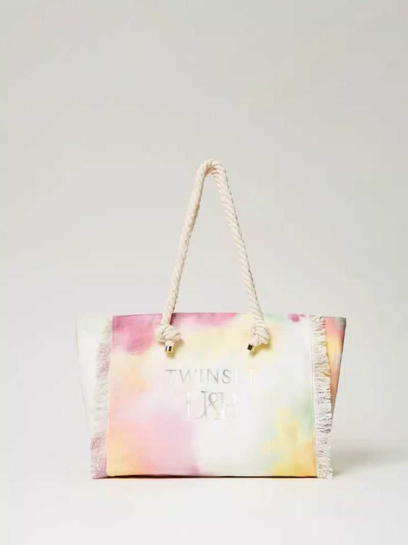 Borsa Shopping in Canvas Stampato Tiedye Multicolor Lime