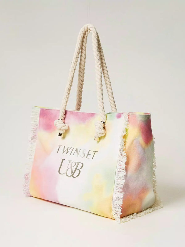 Borsa Shopping in Canvas Stampato Tiedye Multicolor Lime