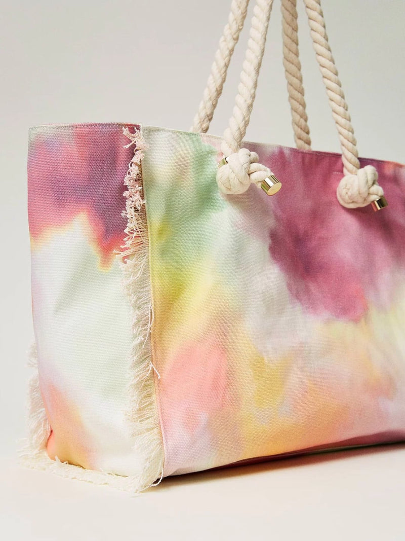 Borsa Shopping in Canvas Stampato Tiedye Multicolor Lime