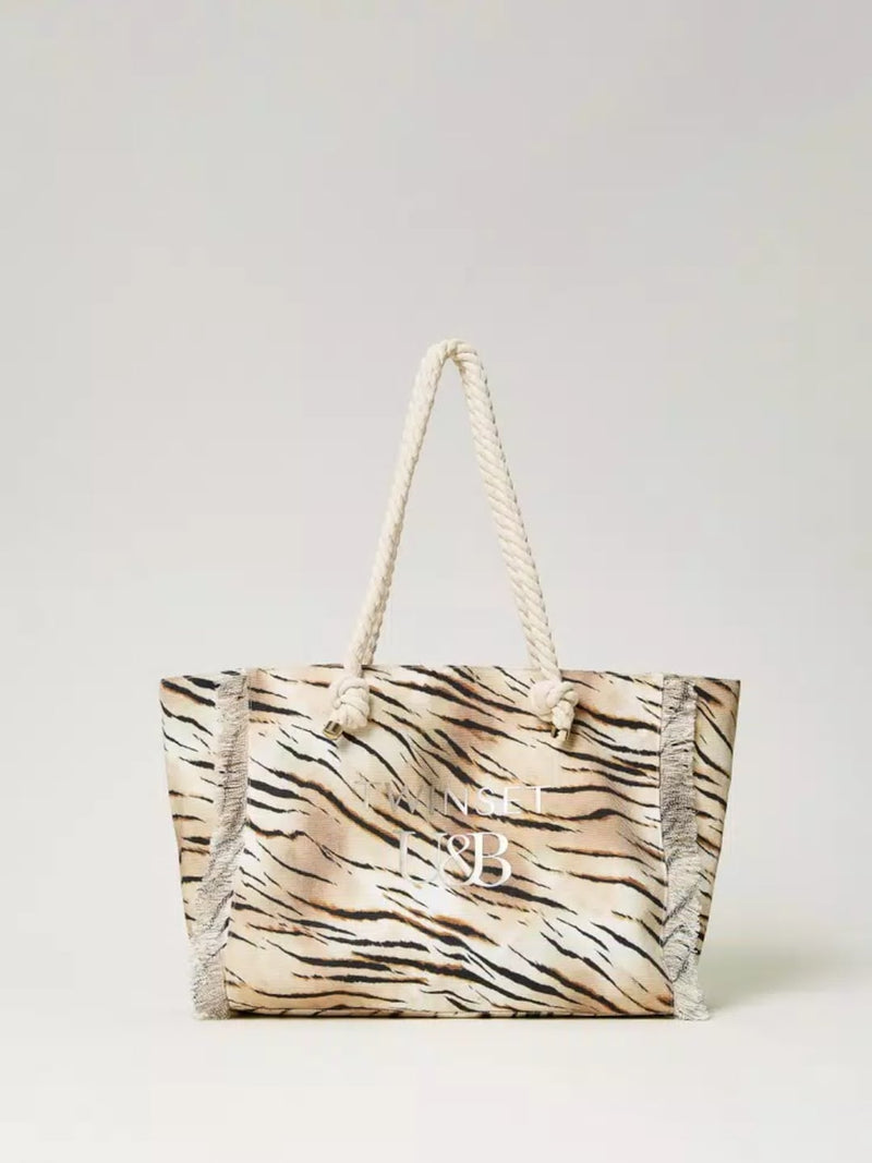 Borsa Shopping in Canvas Stampato Stampa Animalier