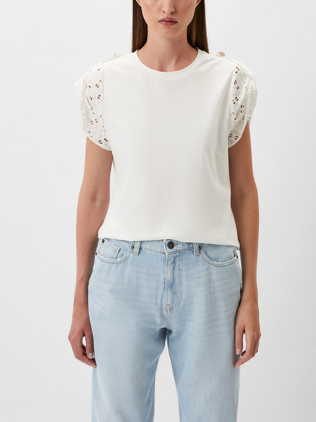 T-shirt con maniche in popeline sangallo Bianco