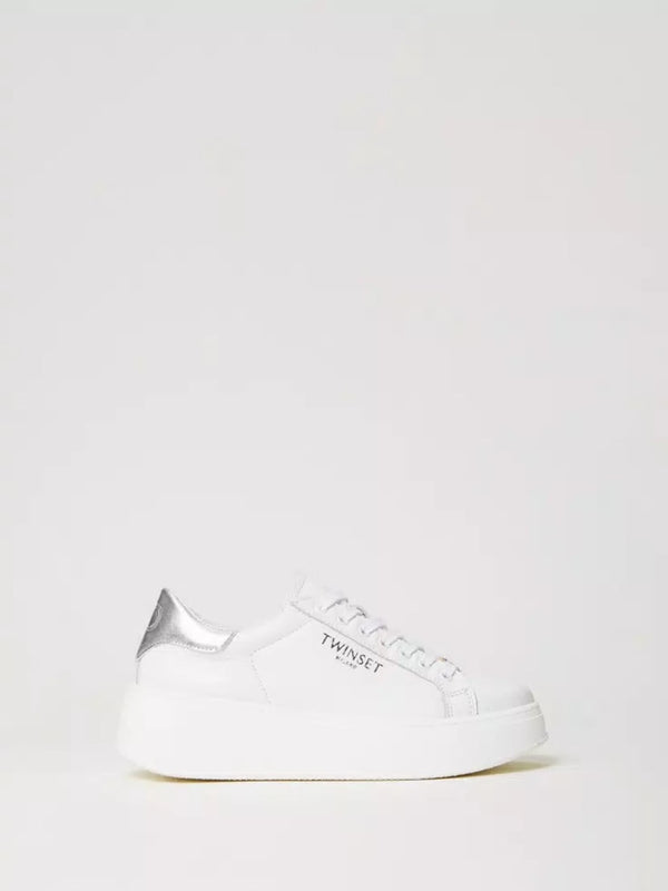 Sneakers platform in pelle Bic. Bianco Ottico/Argento