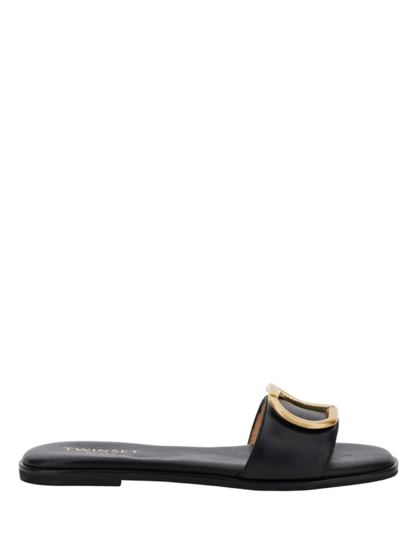 Sandali slide in pelle con Oval T Col. Nero