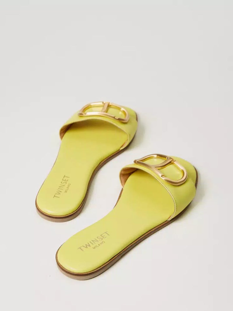 Sandali slide in pelle con Oval T Col. Light Lemon