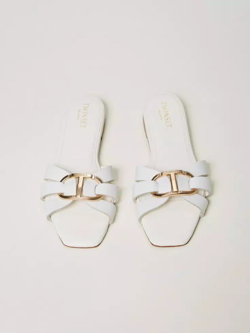 Sandali slide in pelle con Oval T Col. Bianco Ottico