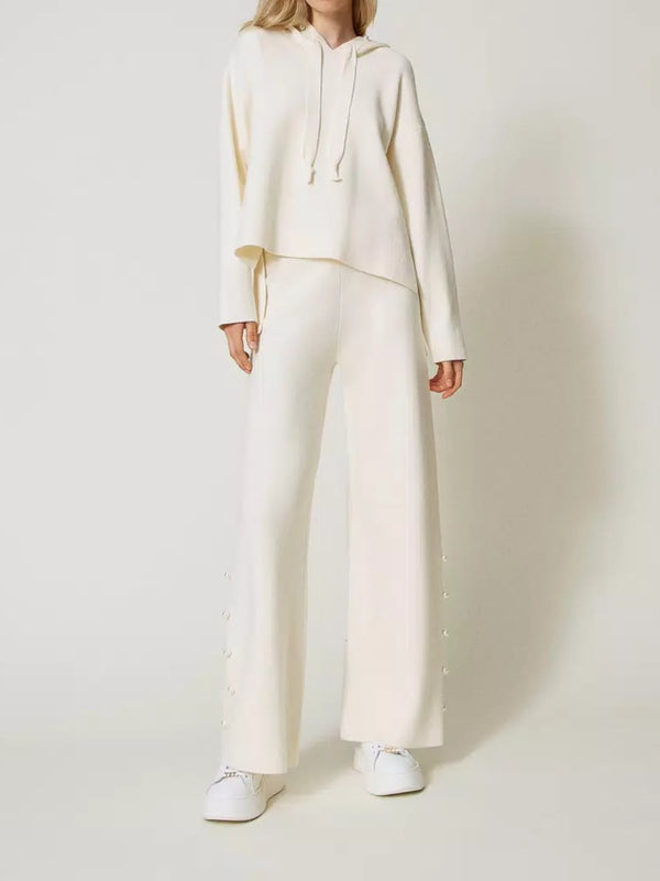 Twinset Pantaloni wide leg in maglia con perle Bianco