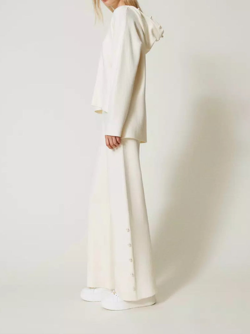 Twinset Pantaloni wide leg in maglia con perle Bianco