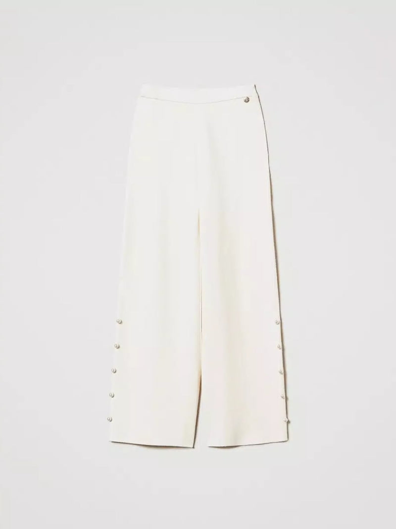 Twinset Pantaloni wide leg in maglia con perle Bianco