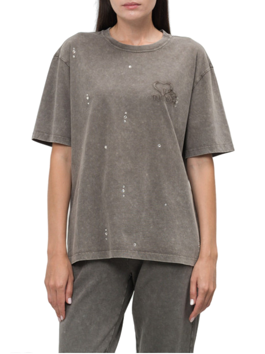 Twinset T-shirt con Strass con logo ricamato Grigio