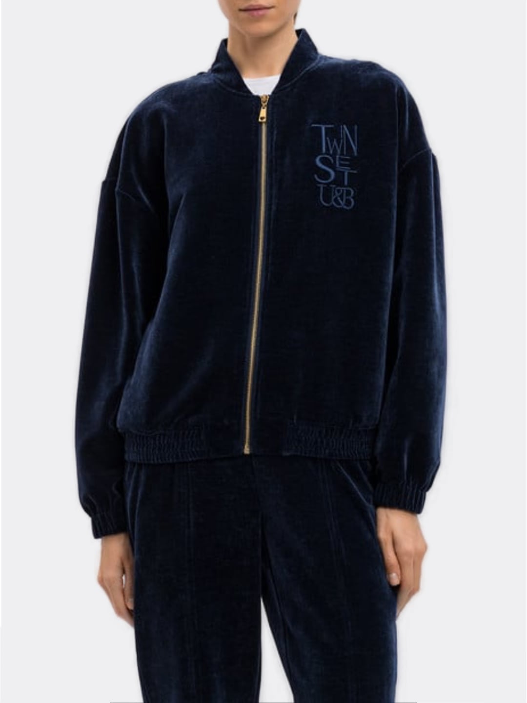 Twinset Felpa Zip in velluto con logo ricamato Blu Notte