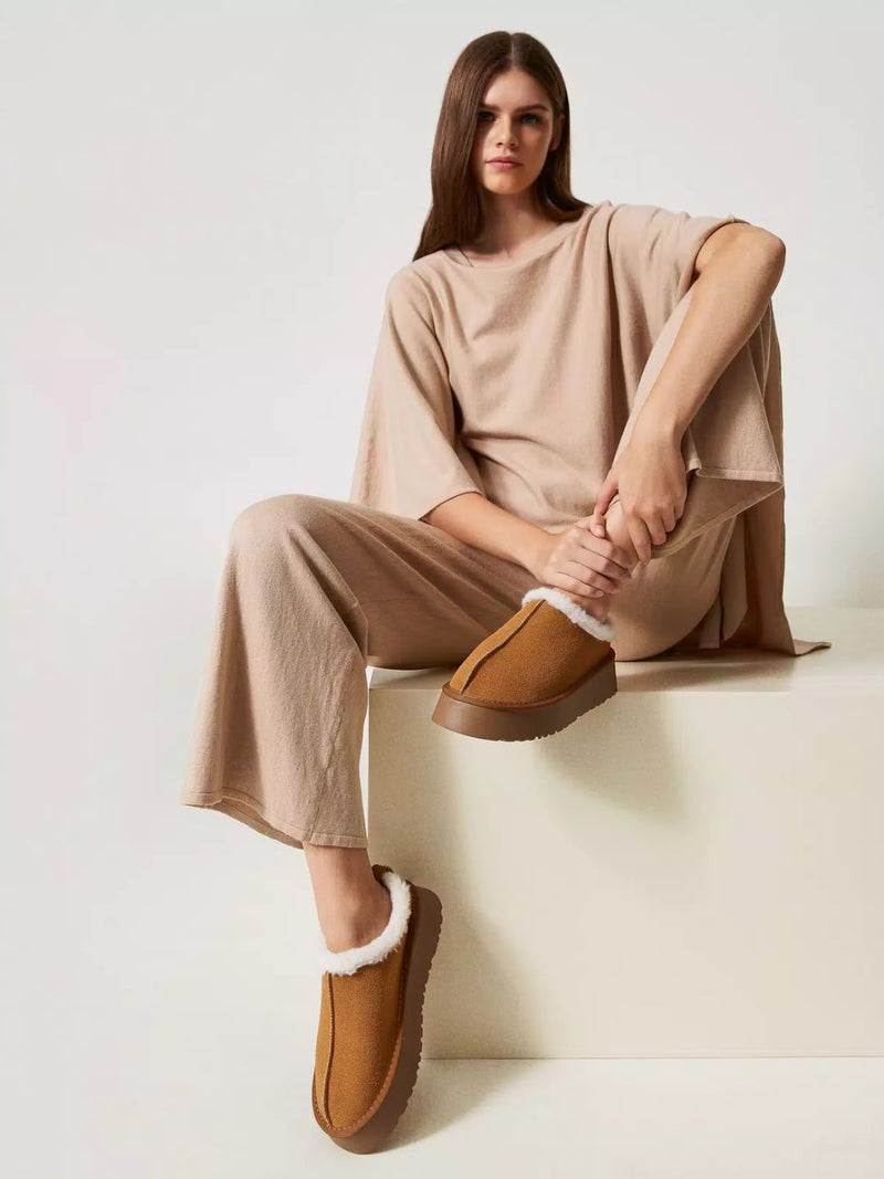 Twinset Scarpe sabot con faux fur Cammello