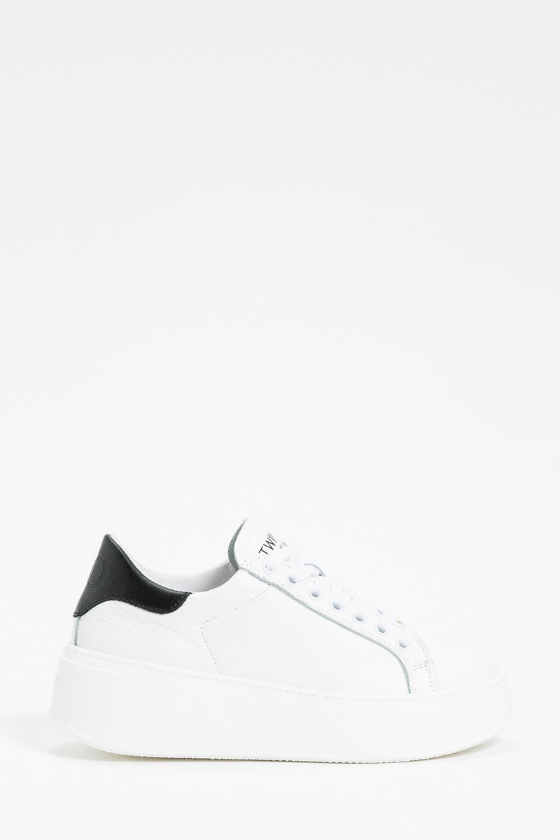 Twinset Sneakers in Pelle a Grana Bianco Ottico Nero