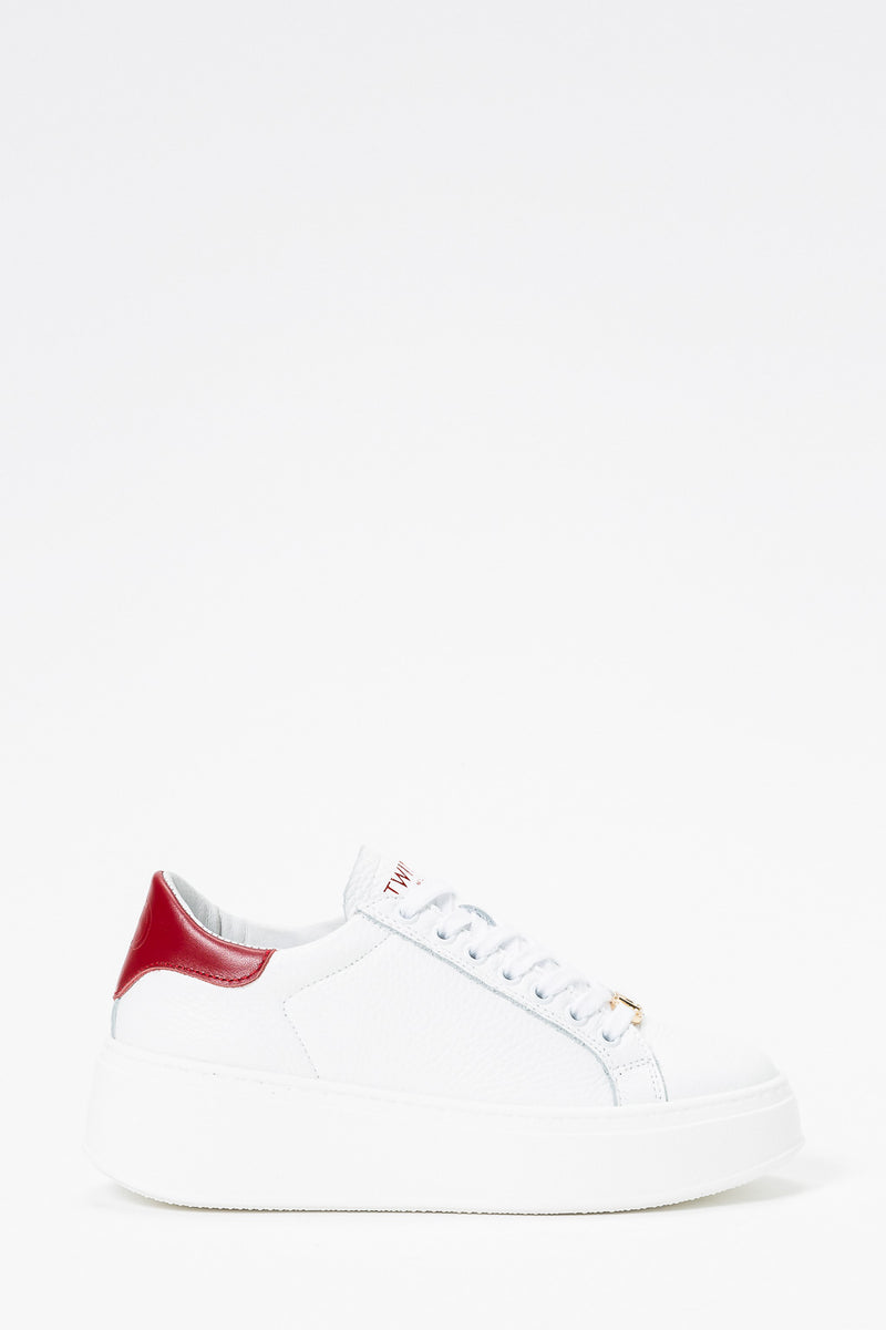 Twinset Sneakers in Pelle a Grana Bianco Ottico Bordeaux