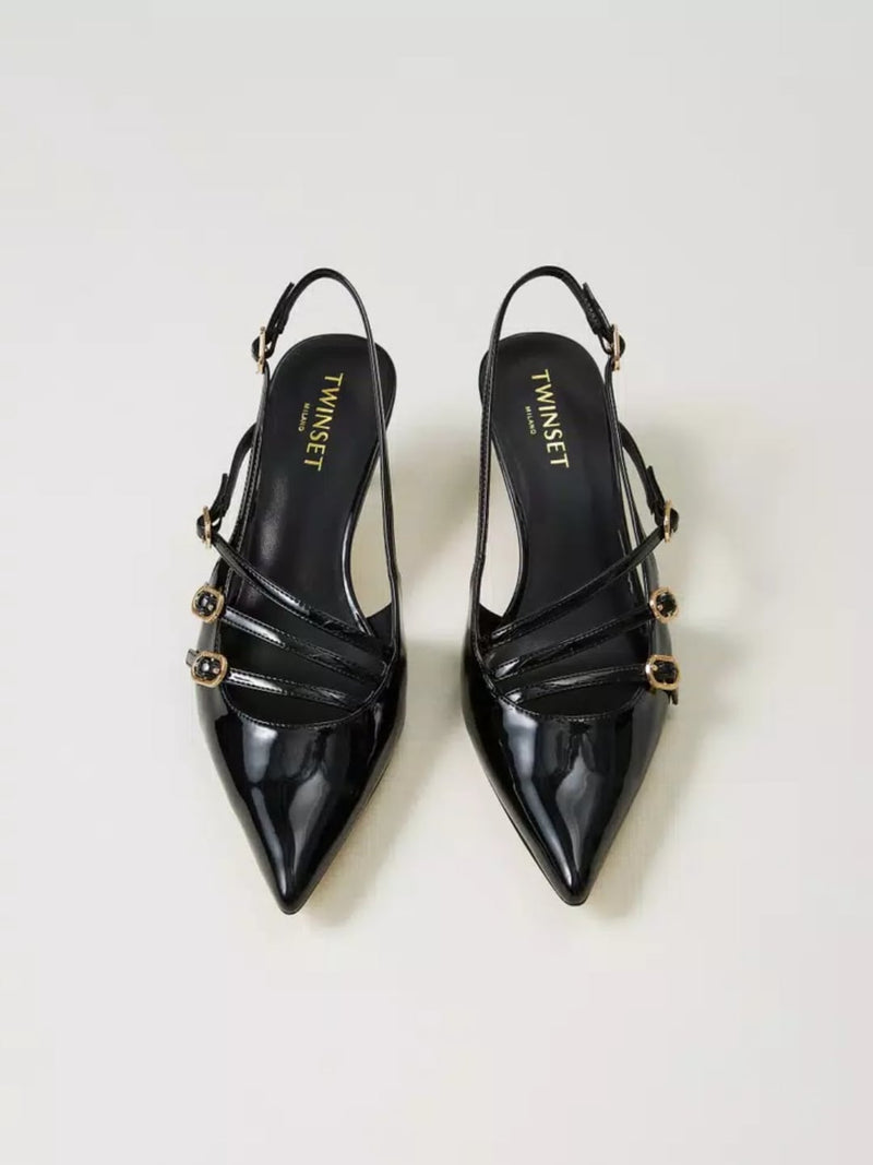 Twinset Décolleté sling back in vernice con cinturini Nero