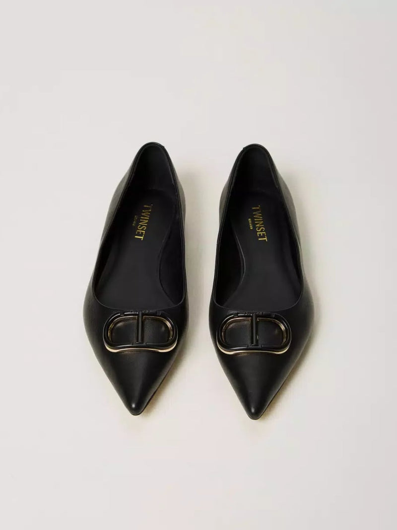 Twinset Ballerine in pelle con Oval T Nero