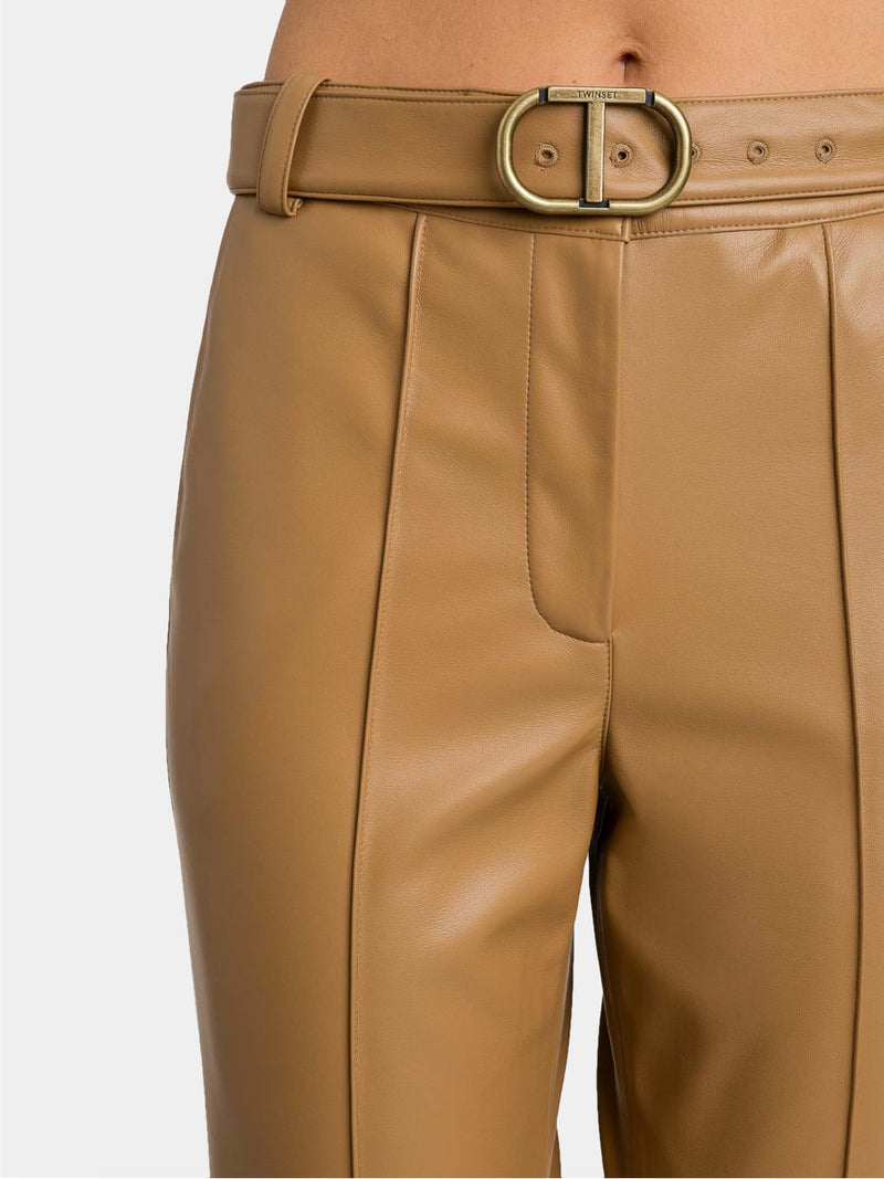 Twinset Pantaloni effetto pelle con cinta Sandy Brown