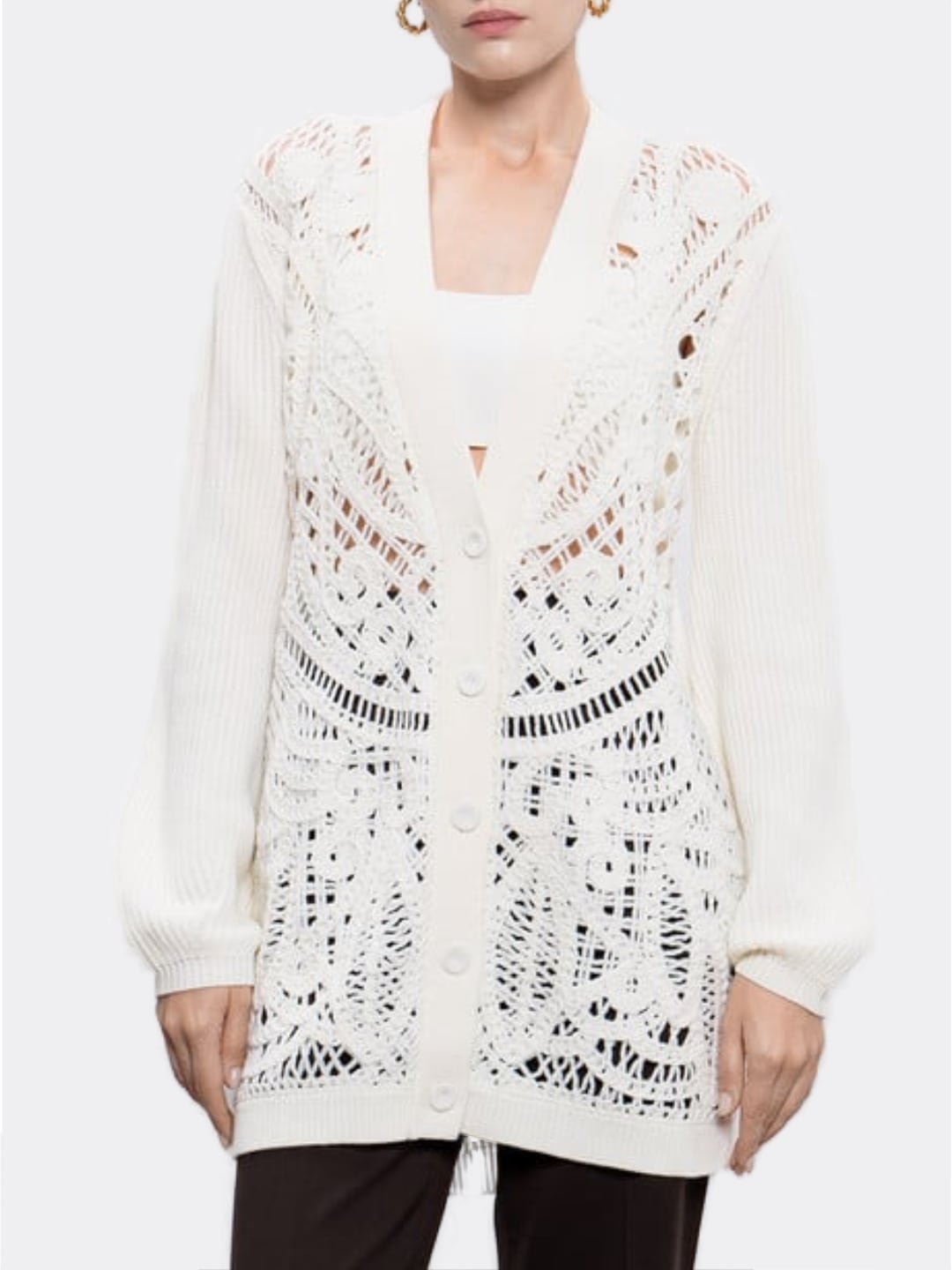 Twinset Cardigan in Lana Traforato Bianco Neve