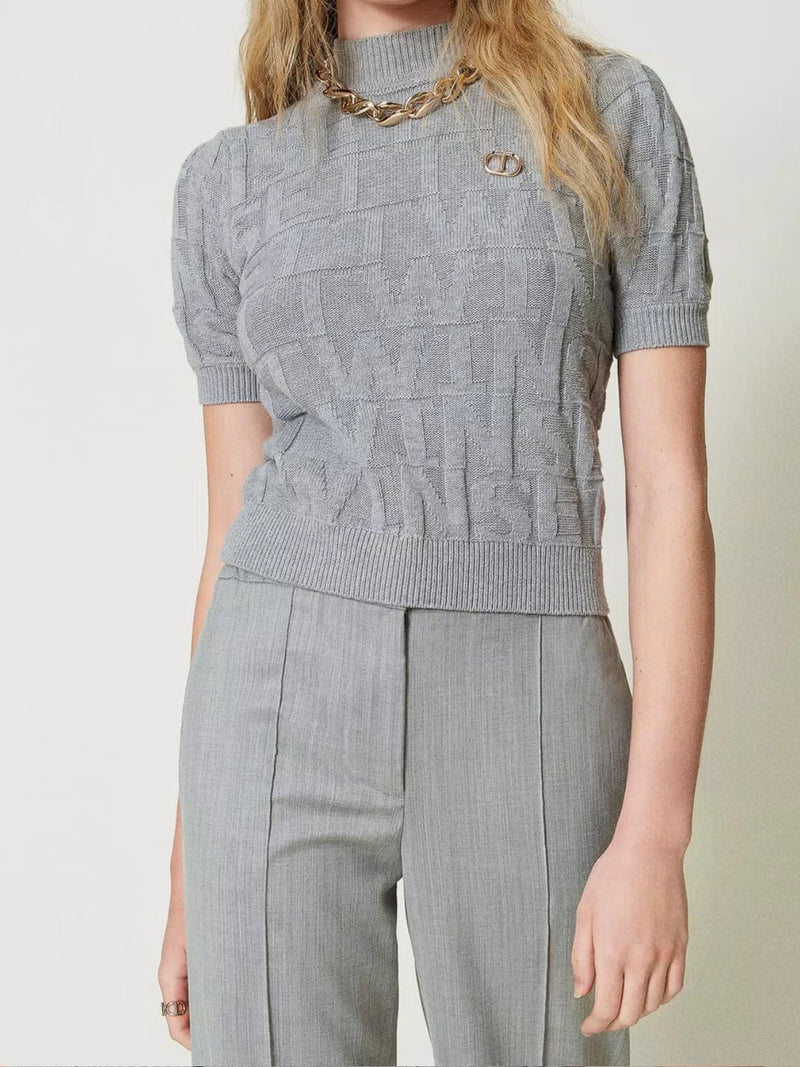 Twinset Maglia in cotone e cashmere con logo Grigio