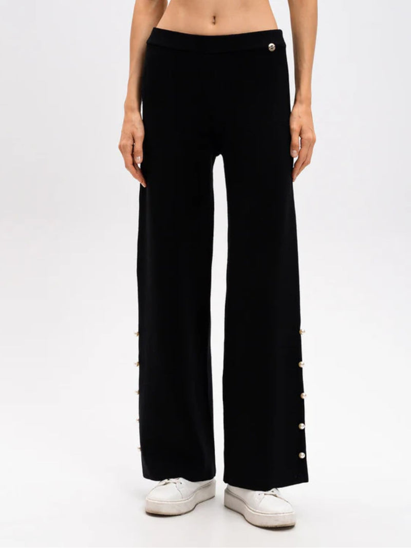 Twinset Pantaloni wide leg in maglia con perle Nero