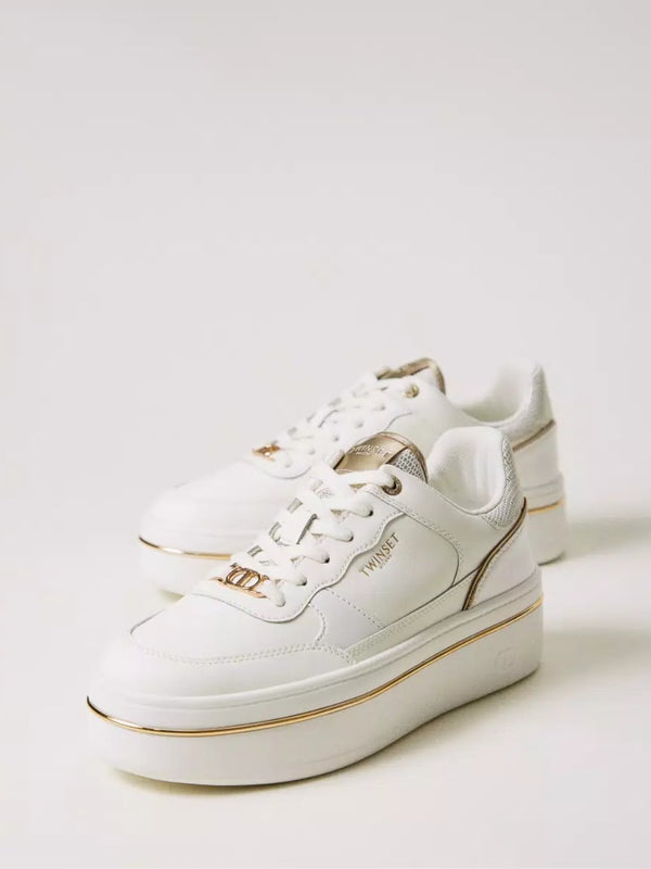Twinset Sneakers platform in pelle laminata Bianco Ottico Oro