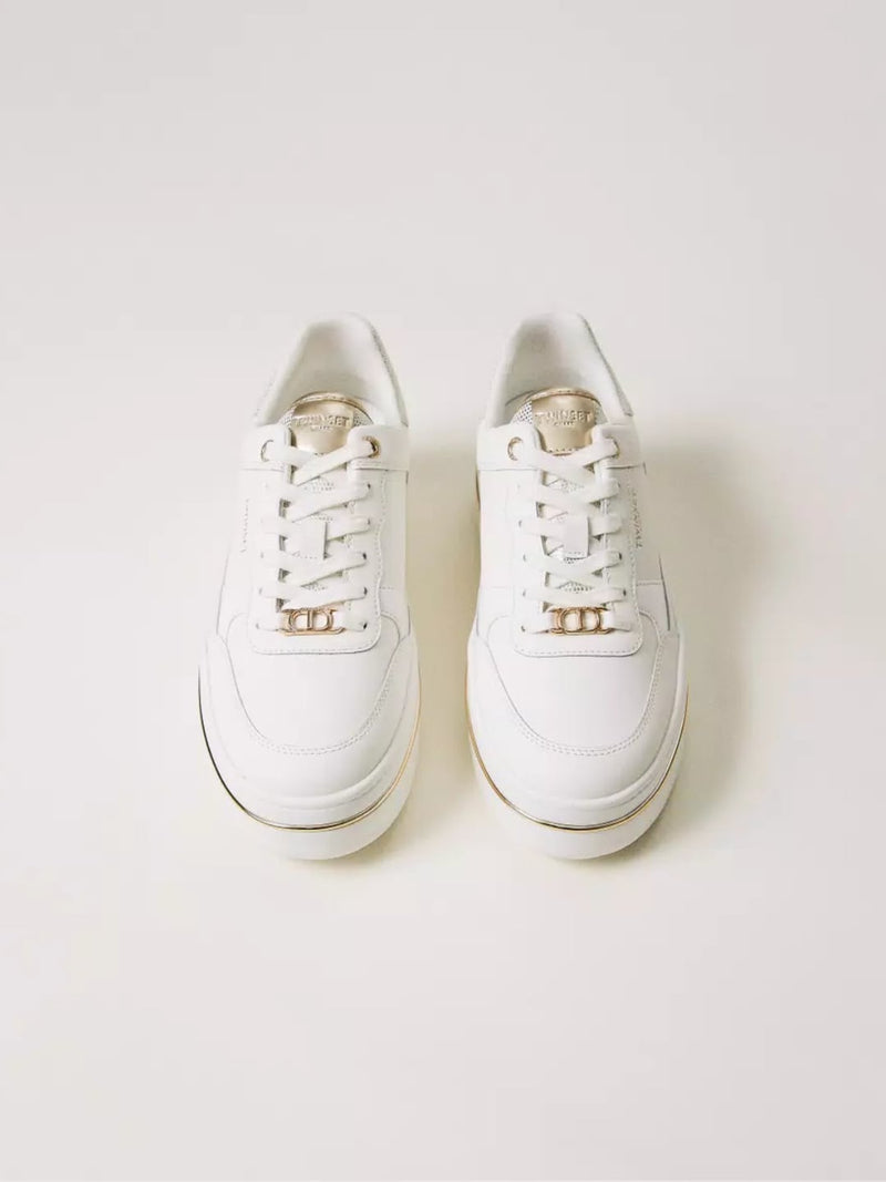 Twinset Sneakers platform in pelle laminata Bianco Ottico Oro