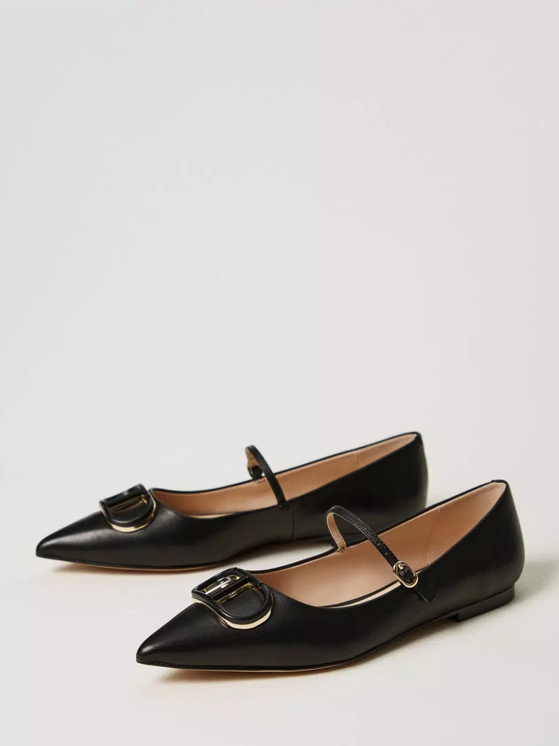 Twinset Ballerine in pelle con Oval T Nero
