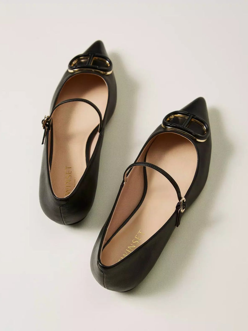Twinset Ballerine in pelle con Oval T Nero