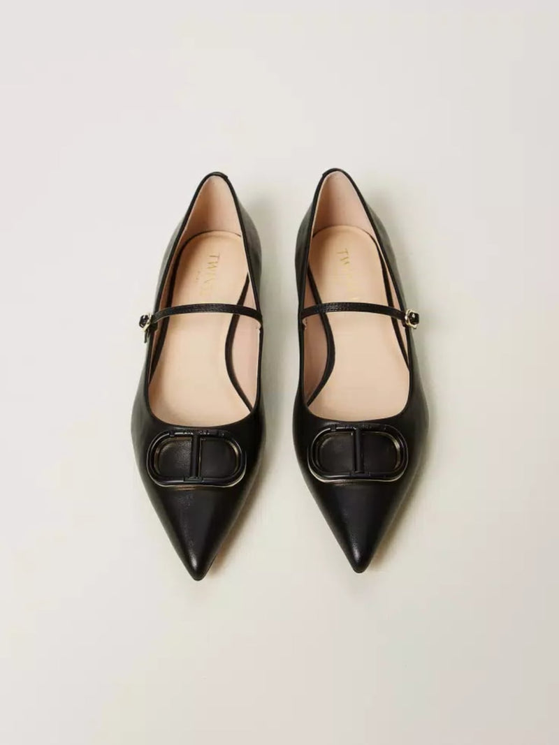 Twinset Ballerine in pelle con Oval T Nero
